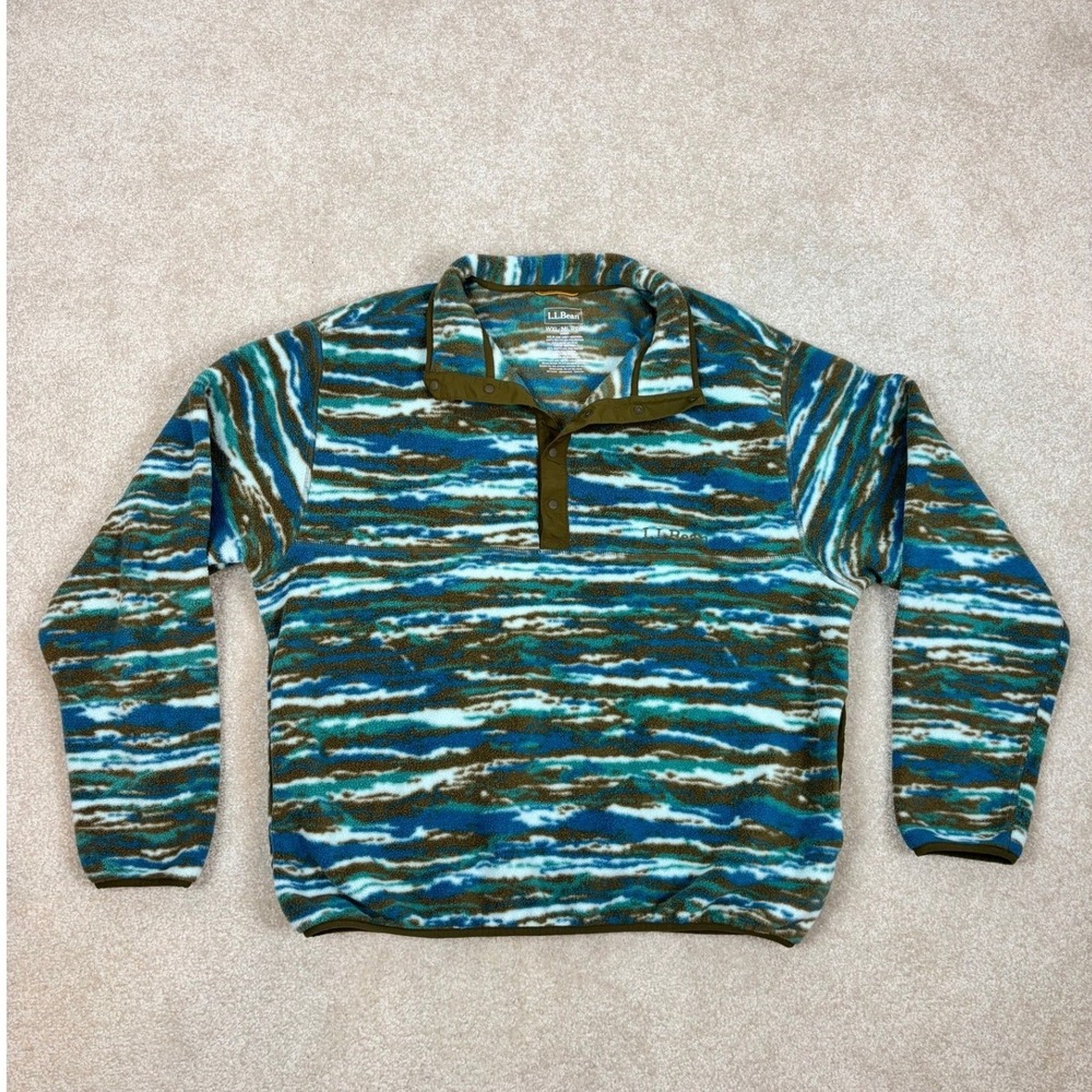 LL Bean Unisex Fleece Pullover Blue Brown Abstract Snap Neck WXL ML REG